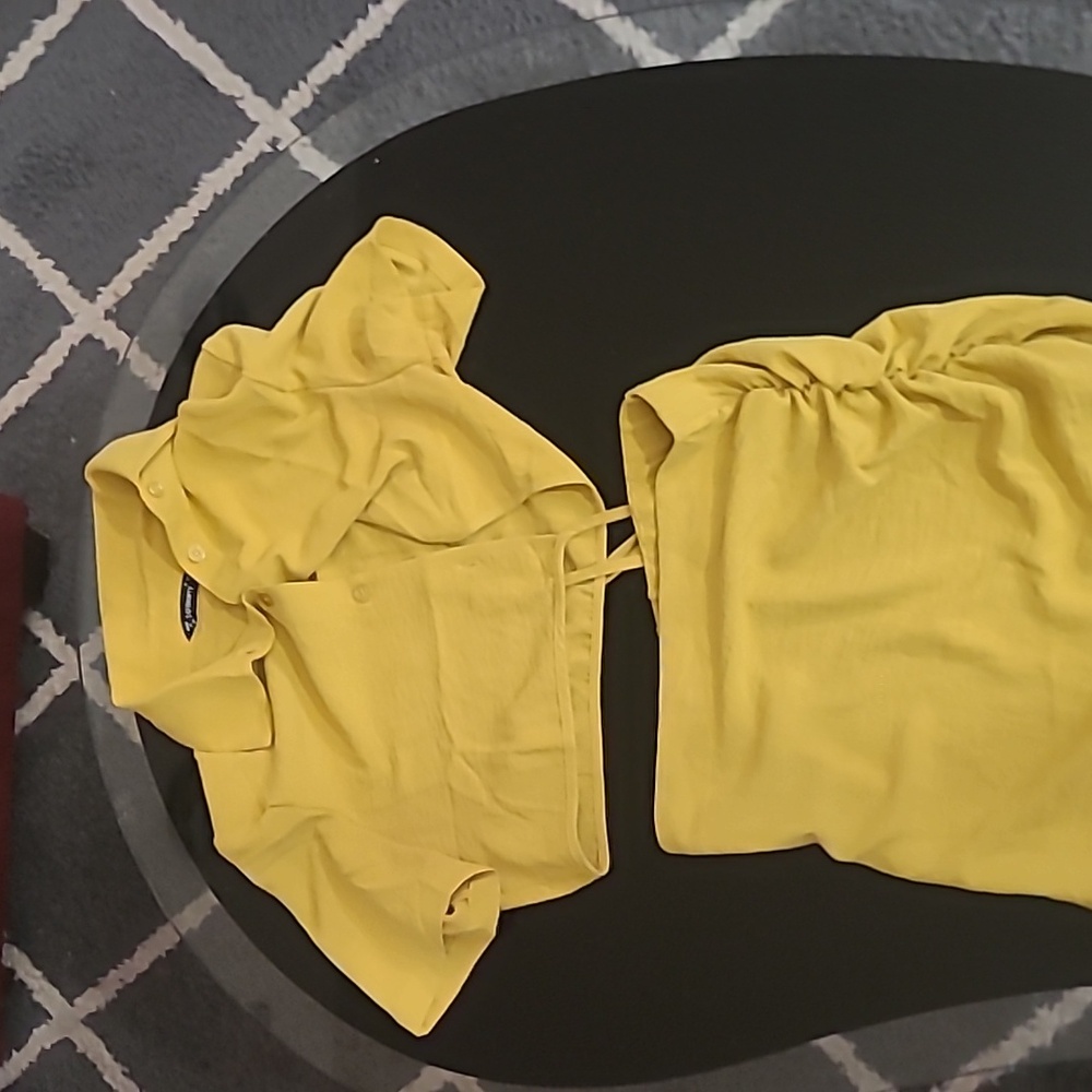2 piece mustard, yellow business top and pencil skirt.